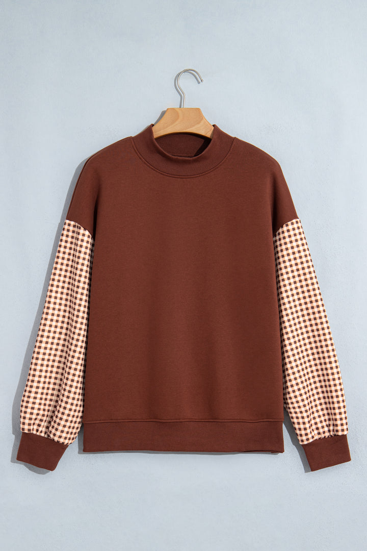 Coffee Plaid Sleeve Colorblock Loose Tunic Sweatshirt
