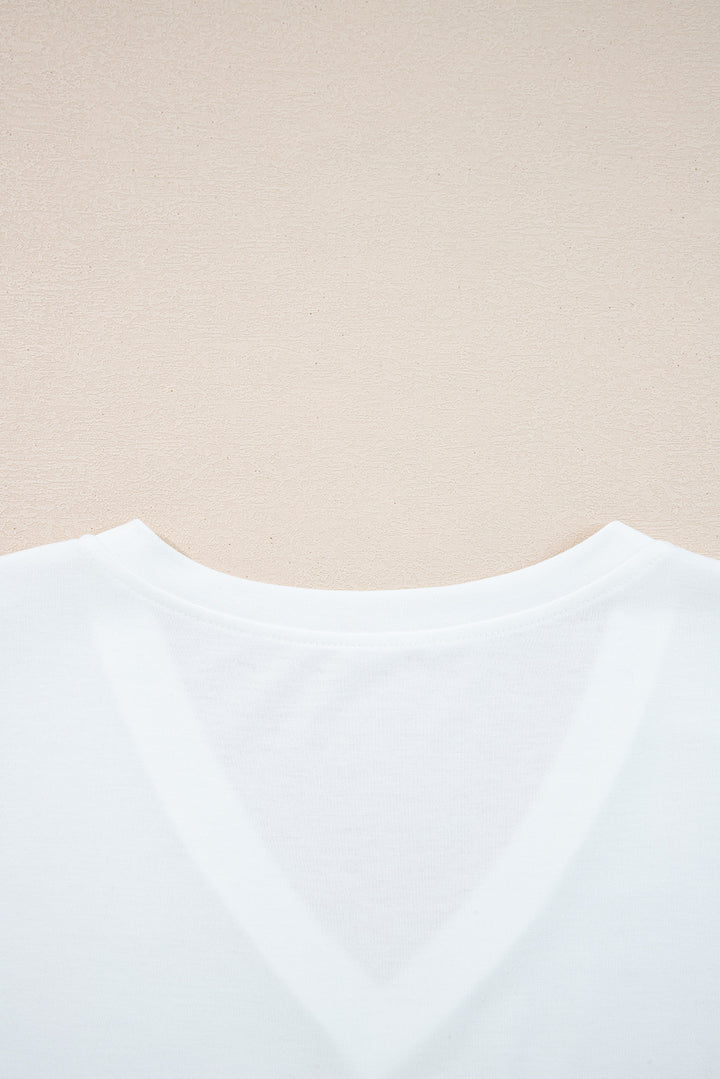White Solid Color V Neck Long Sleeve Stretchy Top
