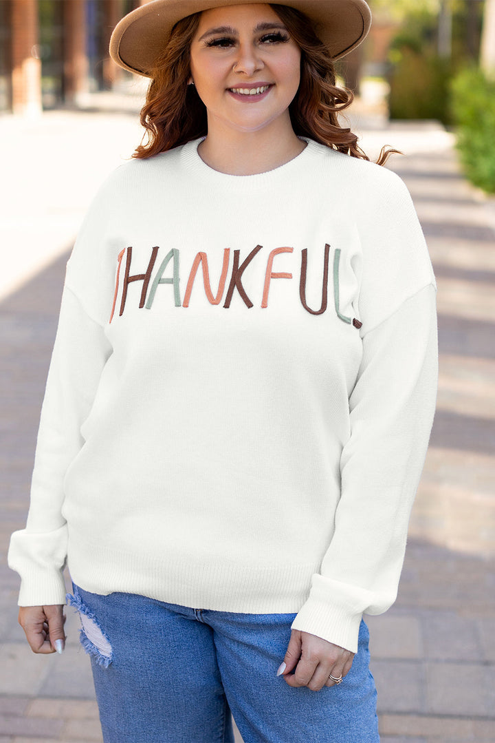 Plus Size Thankful Ivory Embroidered Sweater