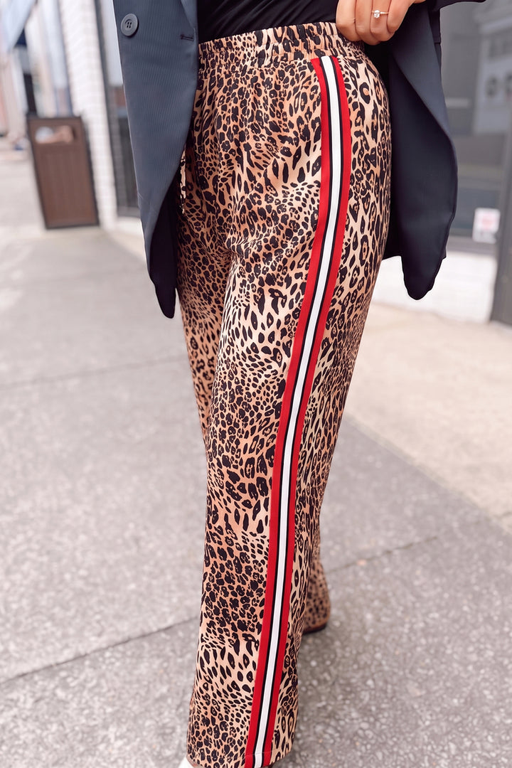 Khaki Leopard Print Side Stripes Wide Leg Full Length Plus Size Pants