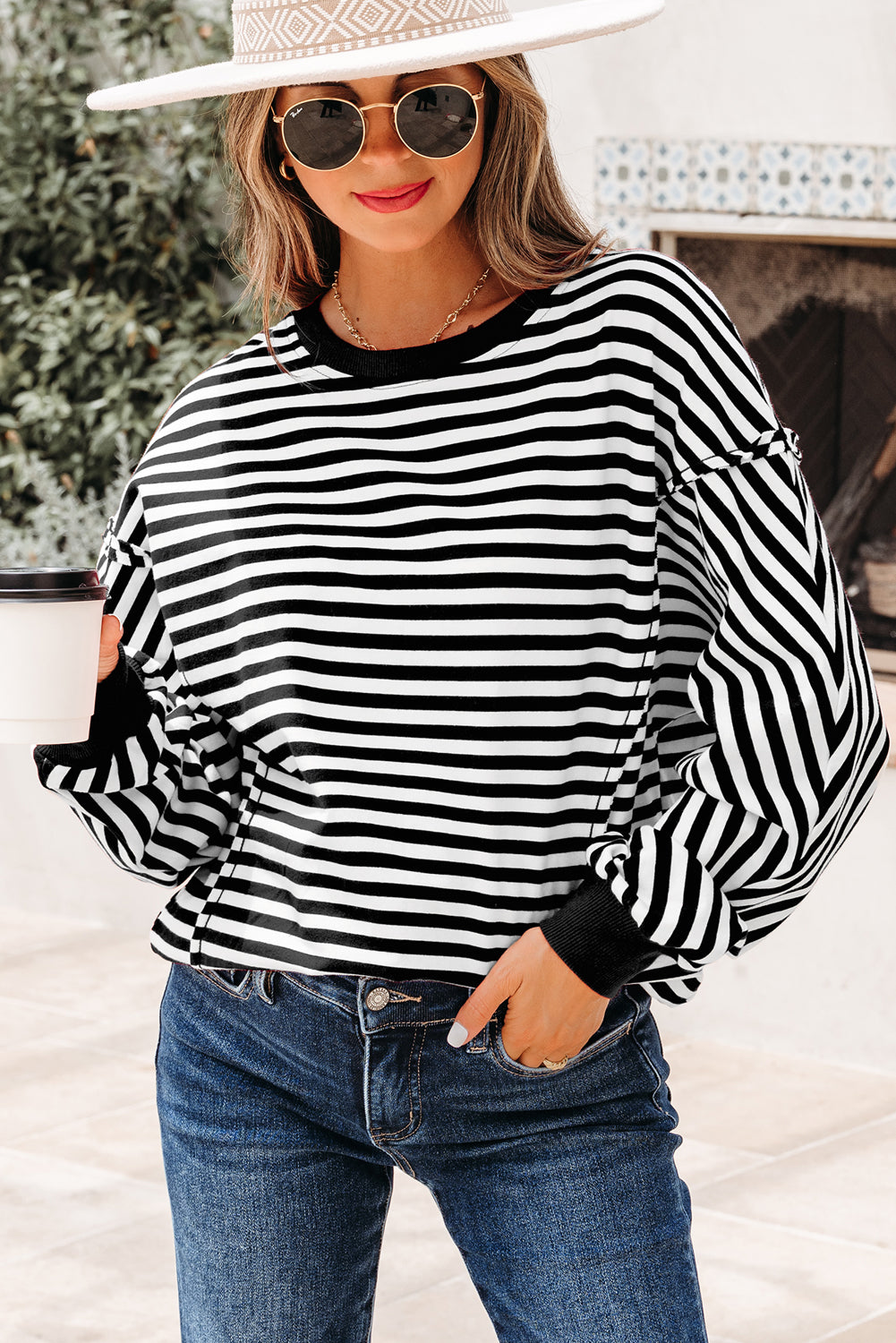 Exposed Seam Drop Shoulder Casual Pullover Top