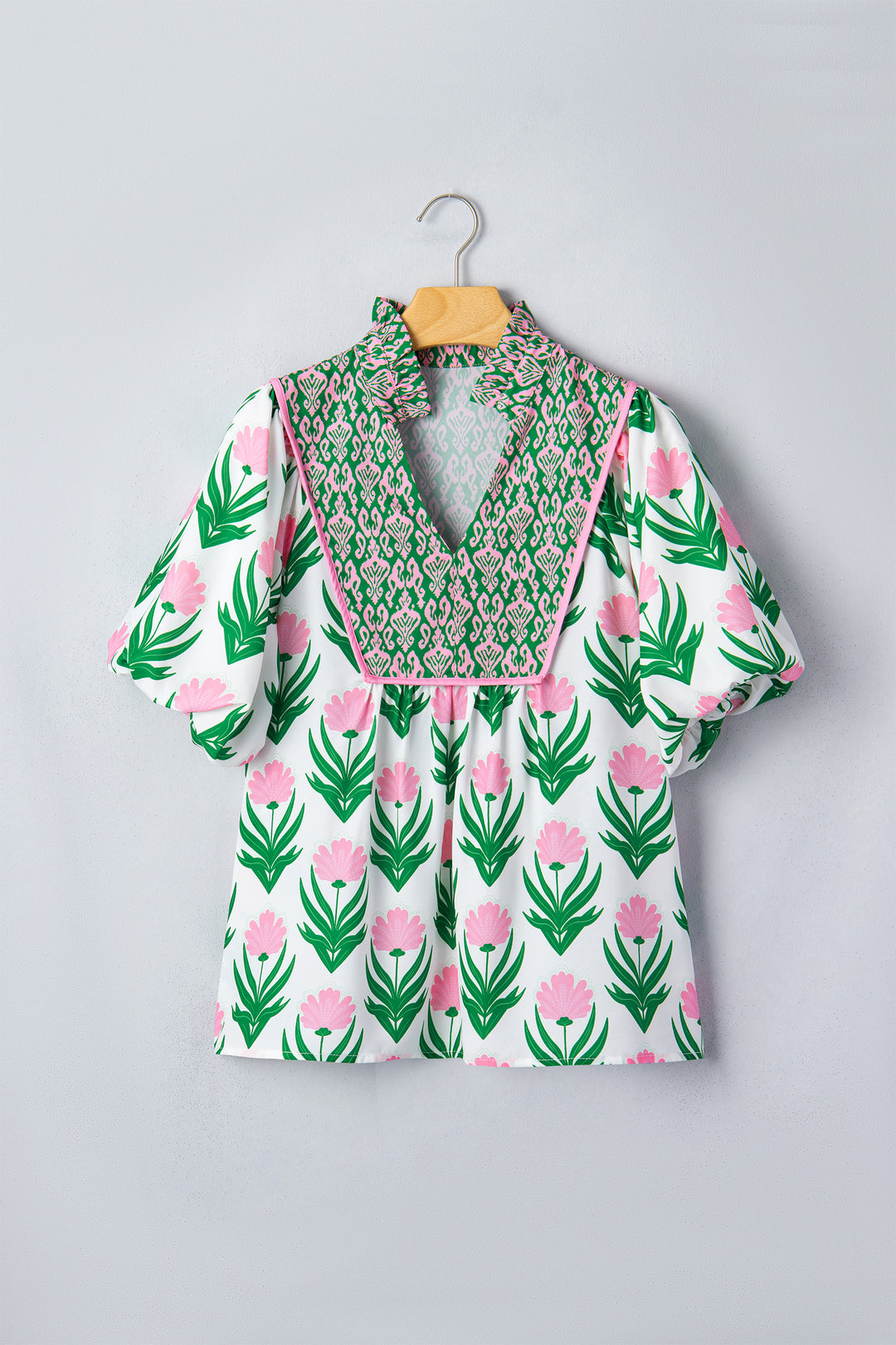 Multicolour Floral Print Puff Sleeve Contrast Bordered V Neck Blouse