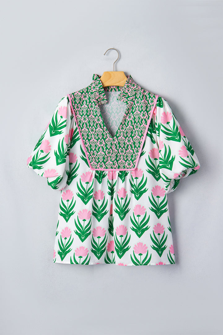 Multicolour Floral Print Puff Sleeve Contrast Bordered V Neck Blouse