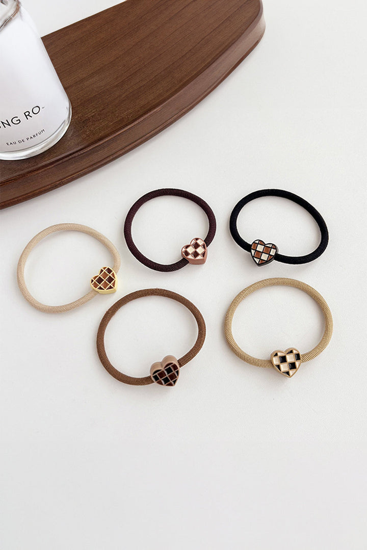 5pcs/set Checkered Heart Decor High Elastic Hair Tie