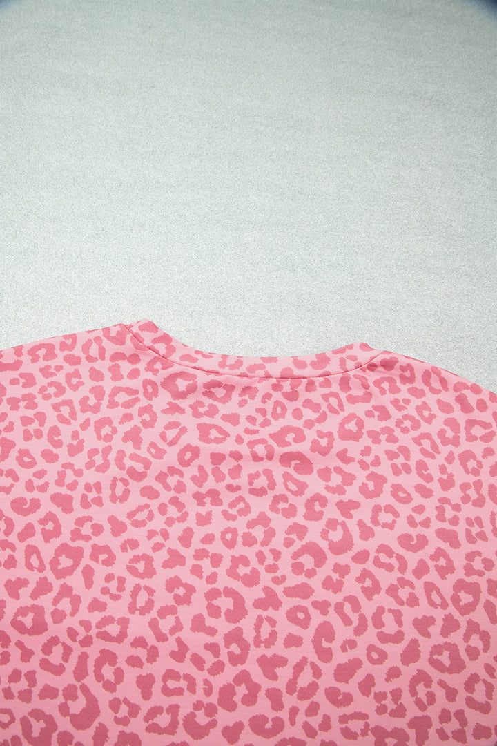 Pink Leopard Print Varsity Striped Detail 3/4 Sleeve Top Shift Pant Set