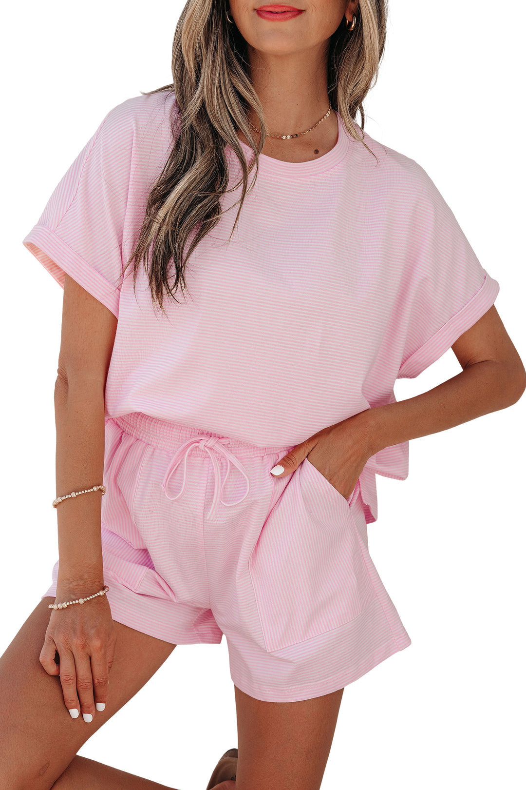 Pink Stripe Matching Oversized Tee and Drawstring Shorts Set