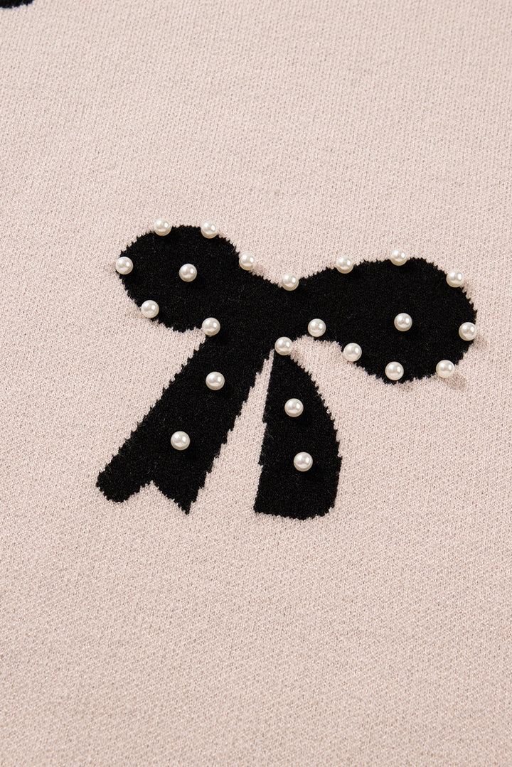Pearl Embellished Bow Pattern Loose Sweater