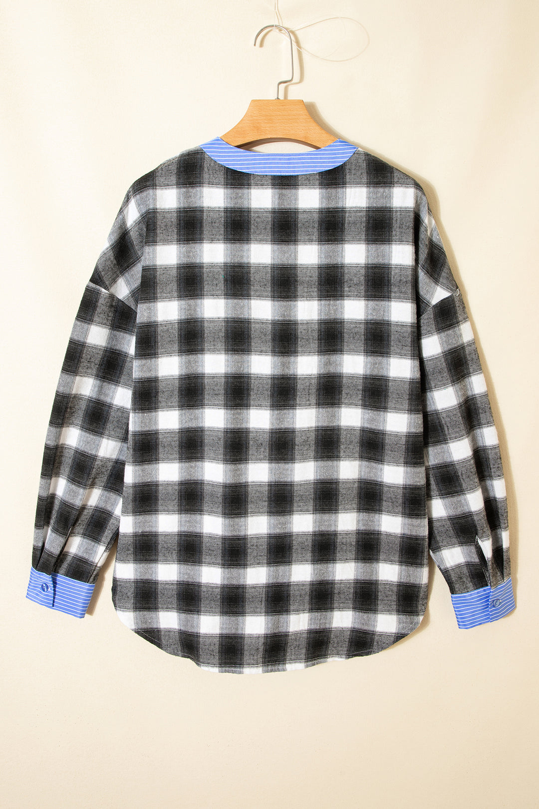 Contrast Striped Edge Half Placket Plaid Blouse
