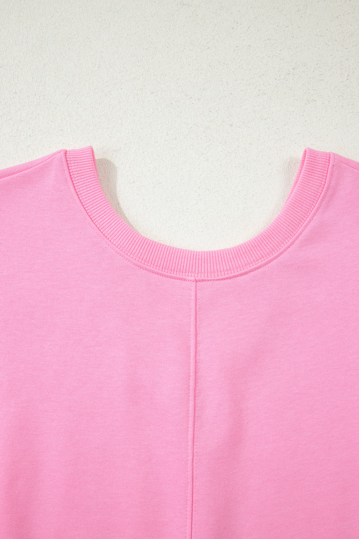 Pink Solid Color Raw Edge Half Sleeve Pocketed Loose Romper