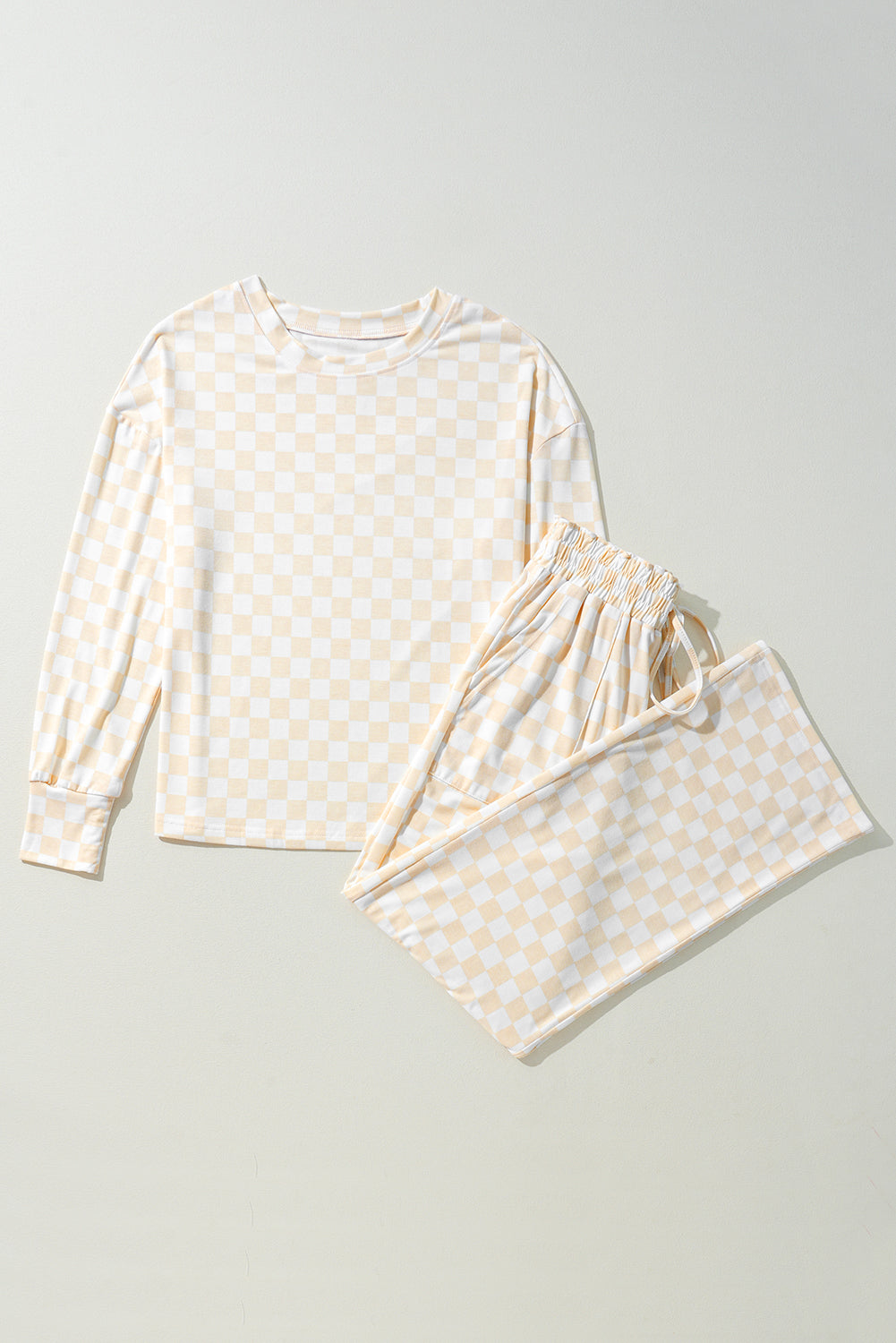 checkered print long sleeve top and pants lounge set 1