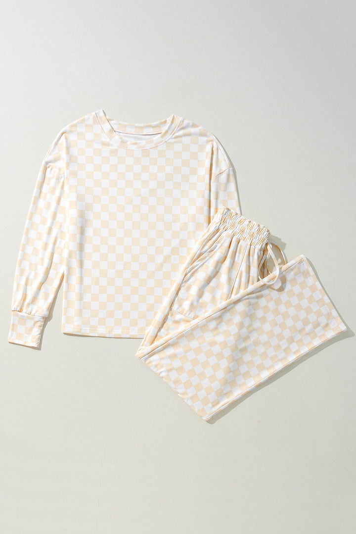 checkered print long sleeve top and pants lounge set 1