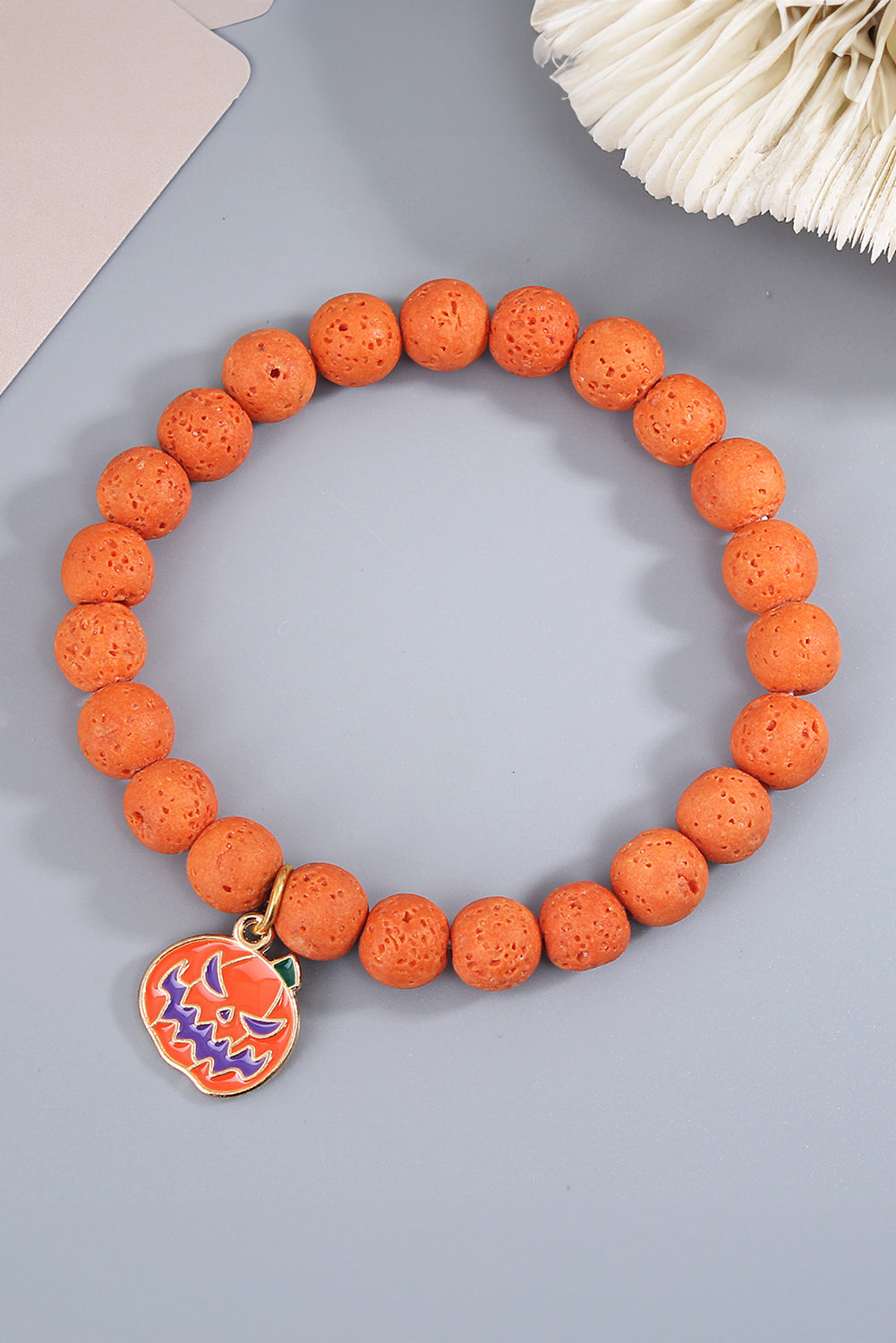 Halloween Pumpkin Face Pendant Beaded Elastic Bracelet