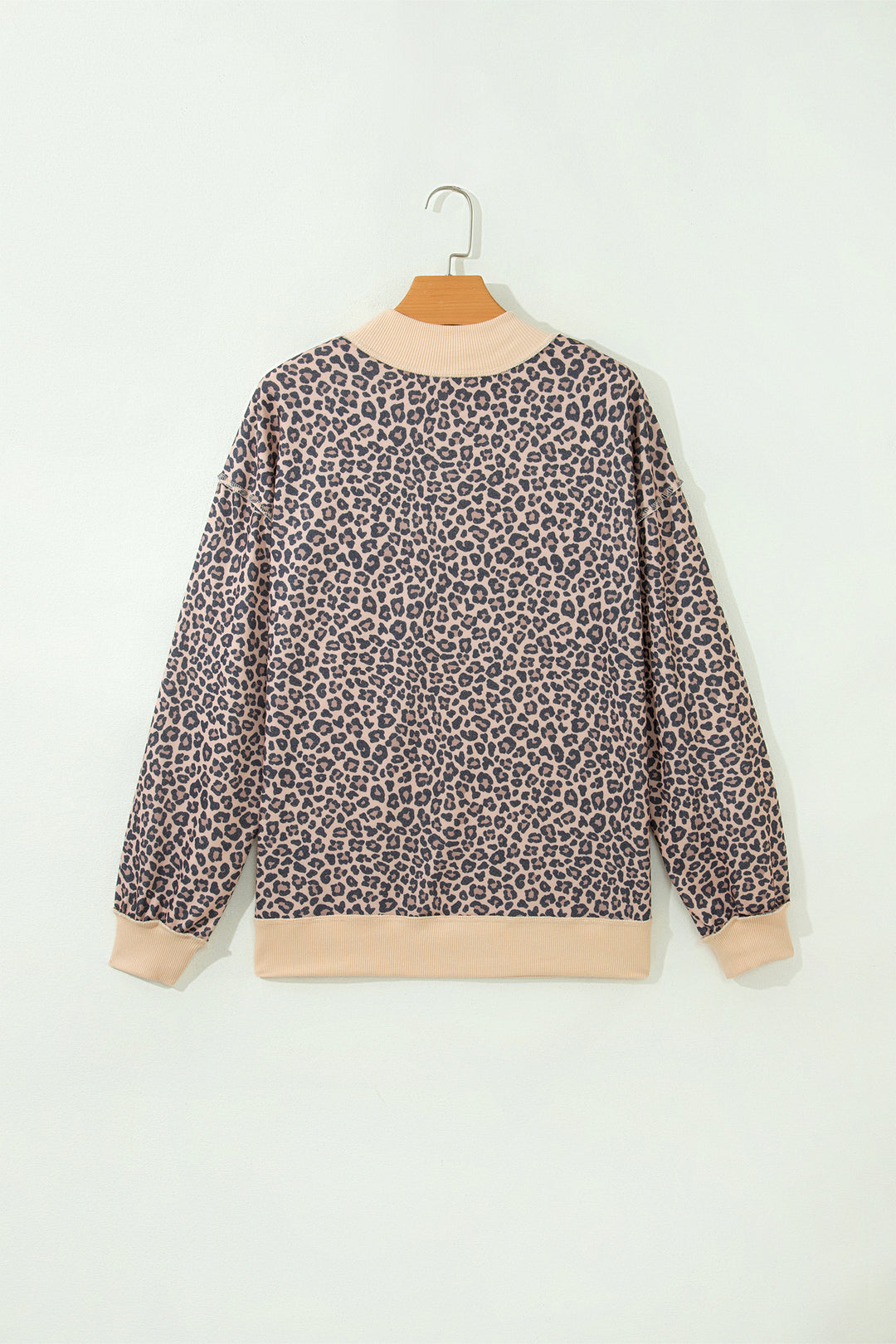 Multicolour Leopard Print High Neck Long Sleeve Ribbed Cuffs Hem Sweatshirt