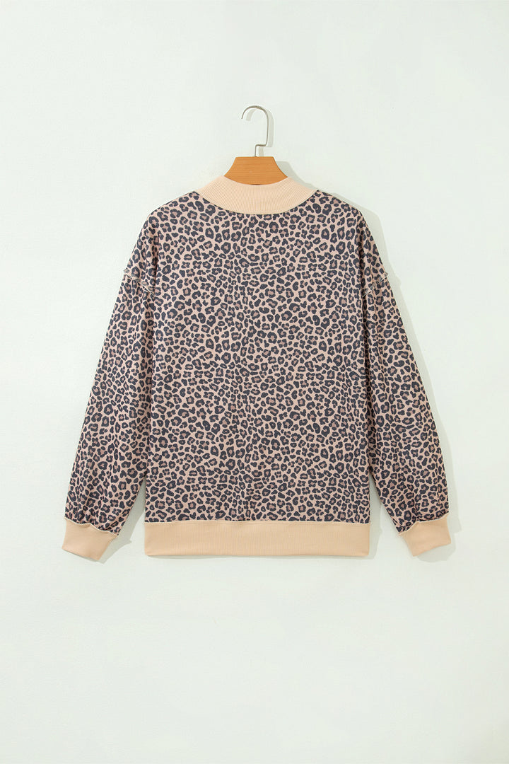 Multicolour Leopard Print High Neck Long Sleeve Ribbed Cuffs Hem Sweatshirt