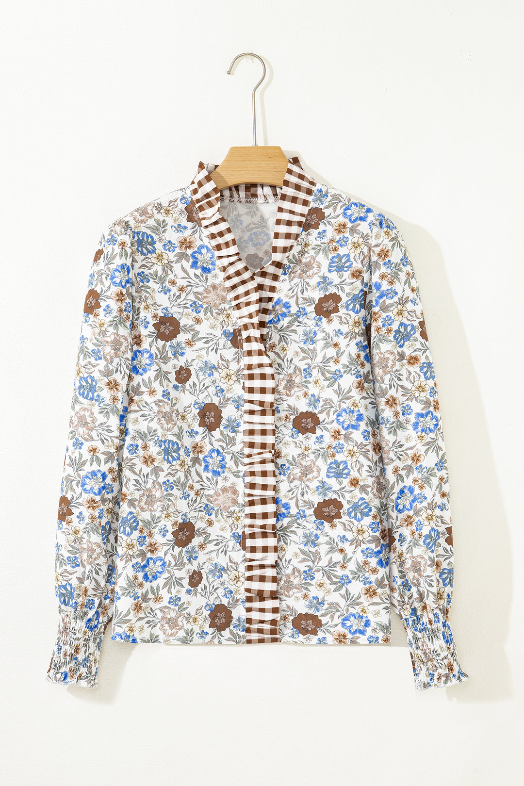 Plaid Frilled Trim V Neck Floral Long Sleeve Blouse