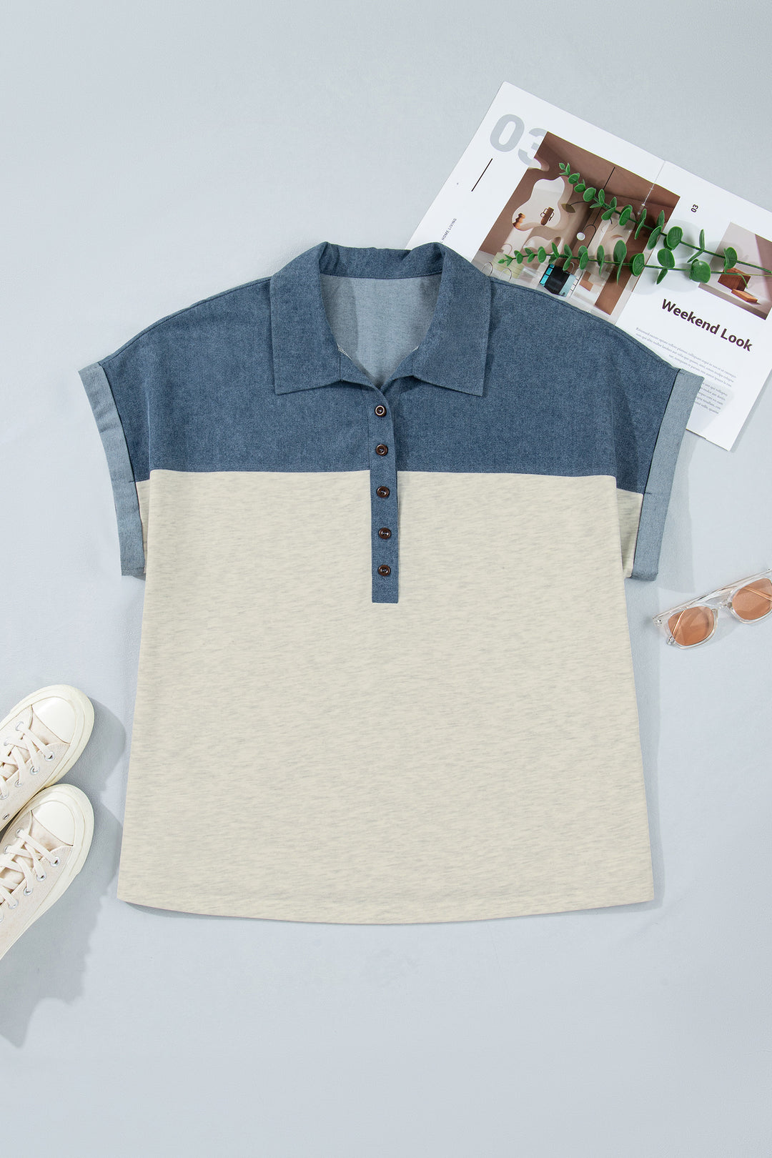 Light Grey Half Buttons Collared Denim Plus Short Sleeve Top