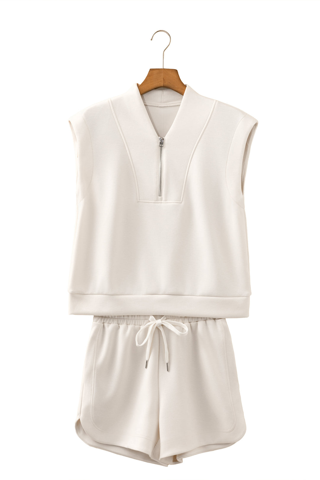 Oatmeal Quarter Zip Sleeveless Top Drawstring Shorts Casual 2pcs Outfit