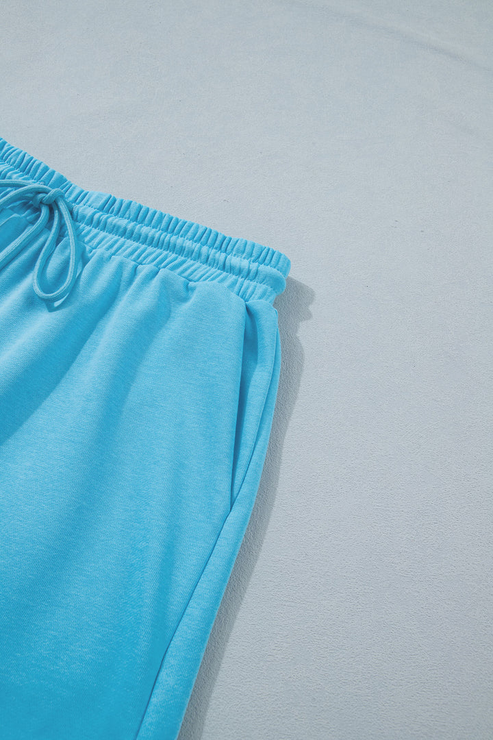 Light Blue Solid Color Puffy Loose Top Drawstring Shorts 2pcs Outfit
