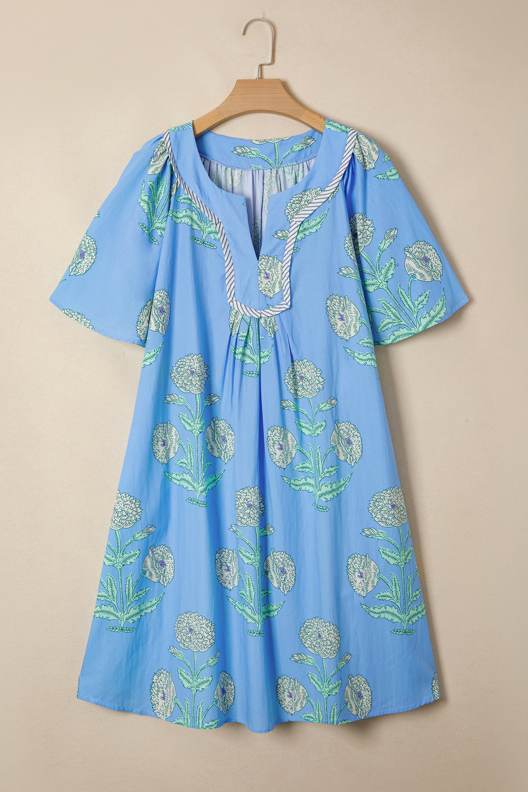 Sky Blue Plus Periwinkle Floral Printed Short Sleeve Mini Dress
