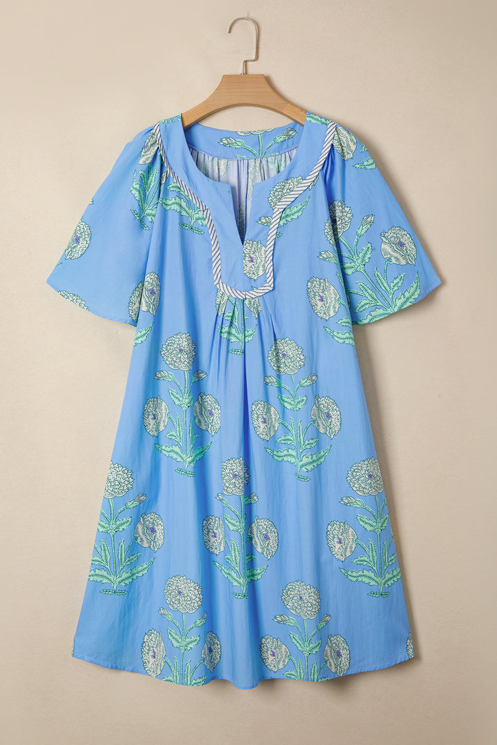 Sky Blue Plus Periwinkle Floral Printed Short Sleeve Mini Dress