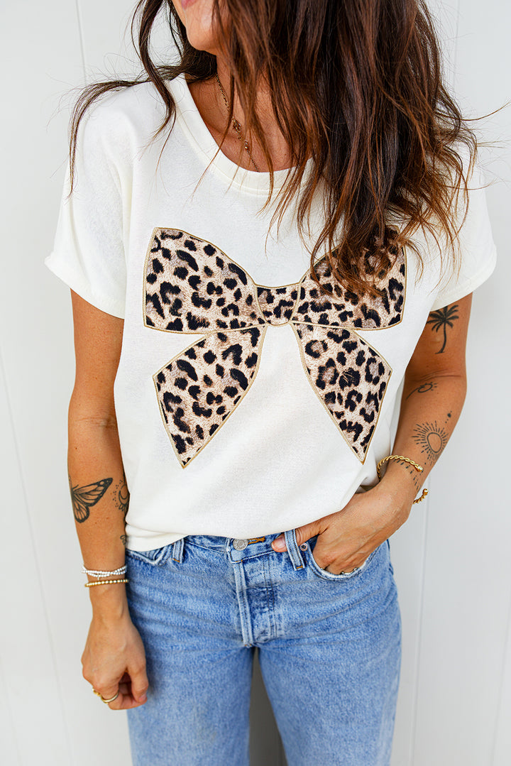 Leopard Bow Embroidered Cotton Round Neck T Shirt