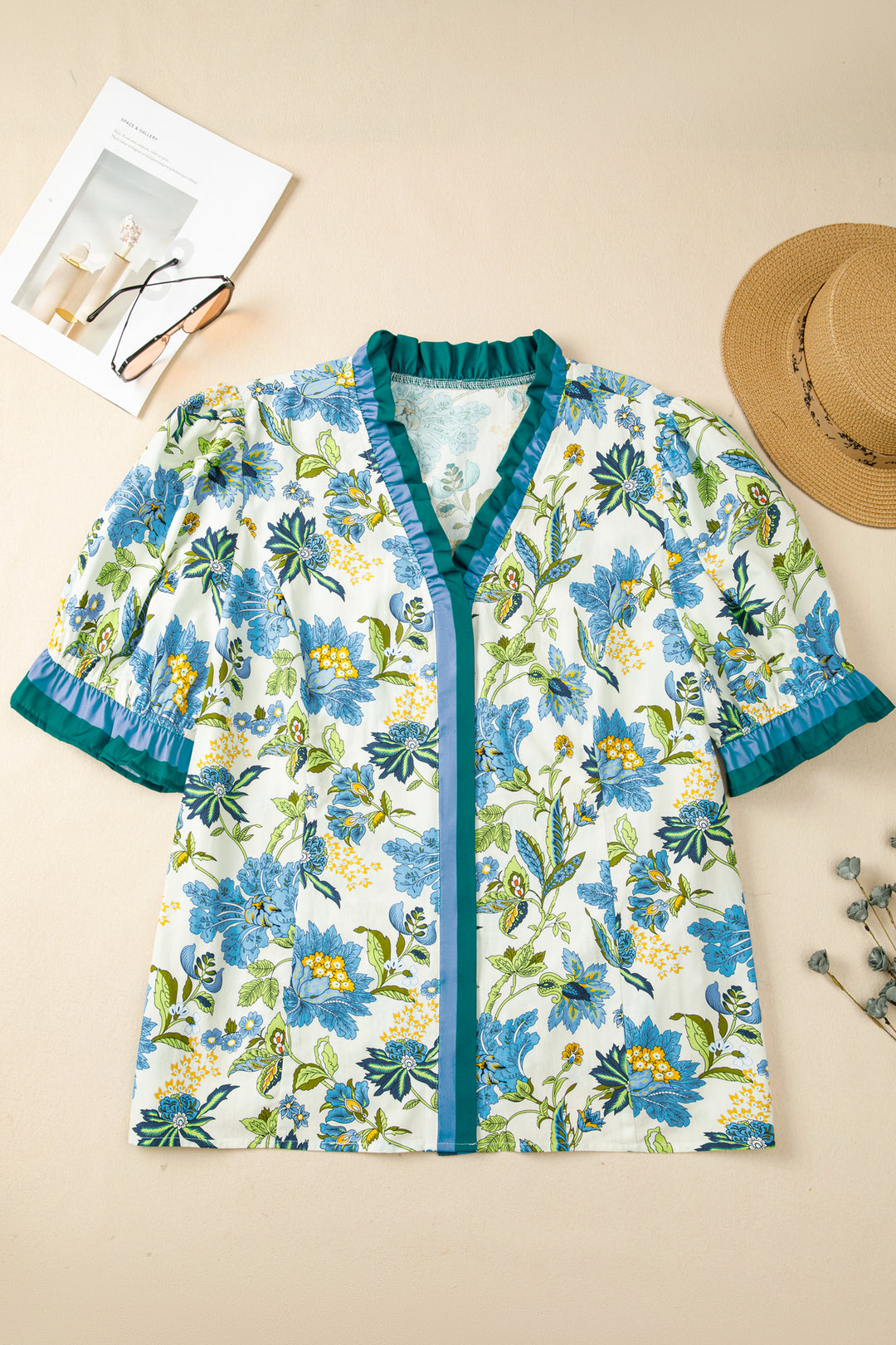 Sky Blue Plus Size Frilled V Neck Short Sleeve Floral Blouse