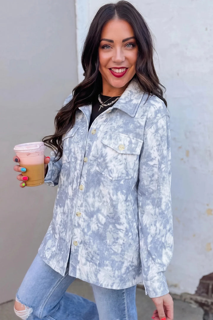 Gray Abstract Print Fuzzy Collar Long Sleeve Patch Pocket Tunic Jacket