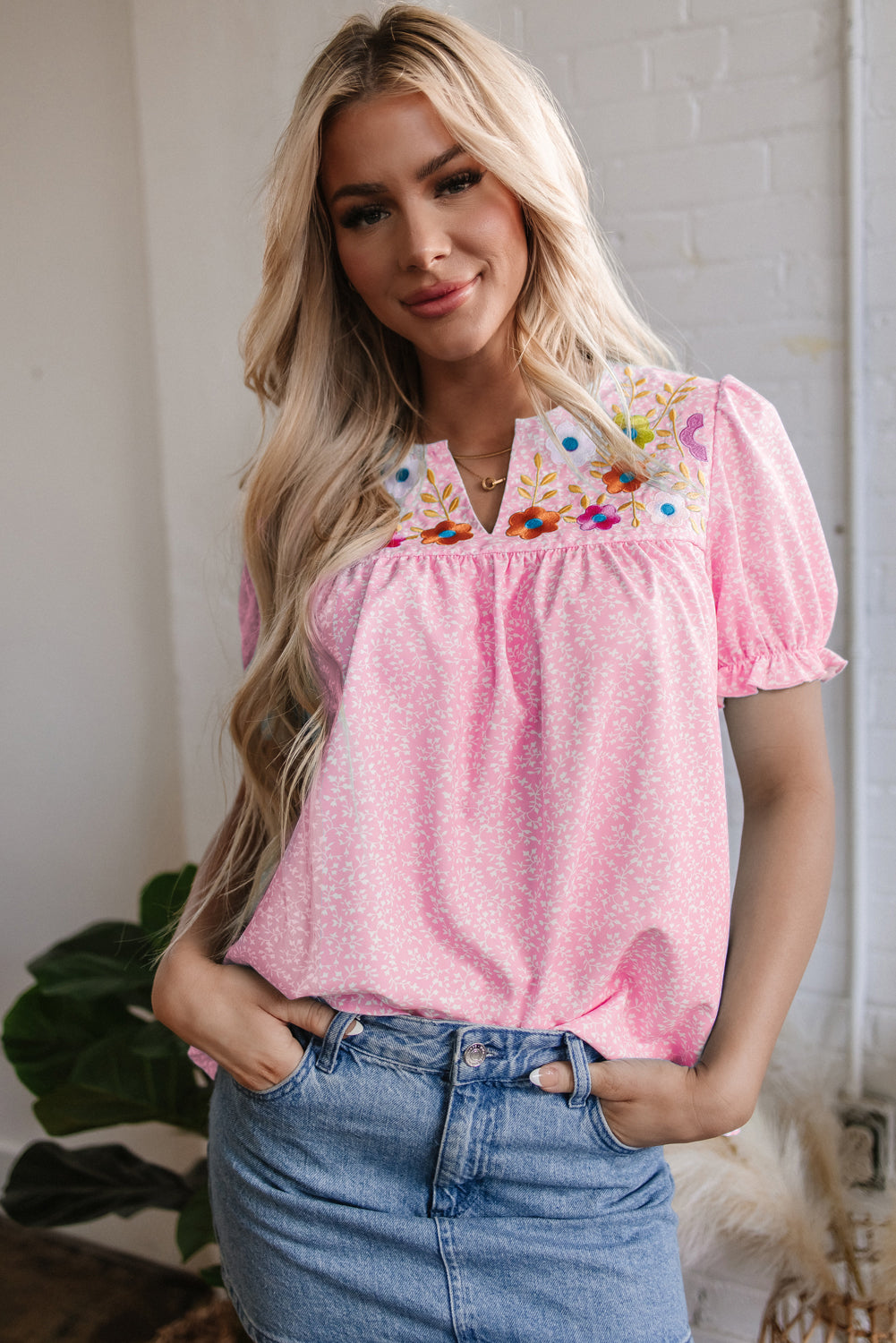 Floral Embroidered Puff Sleeve Notched V Neck Blouse