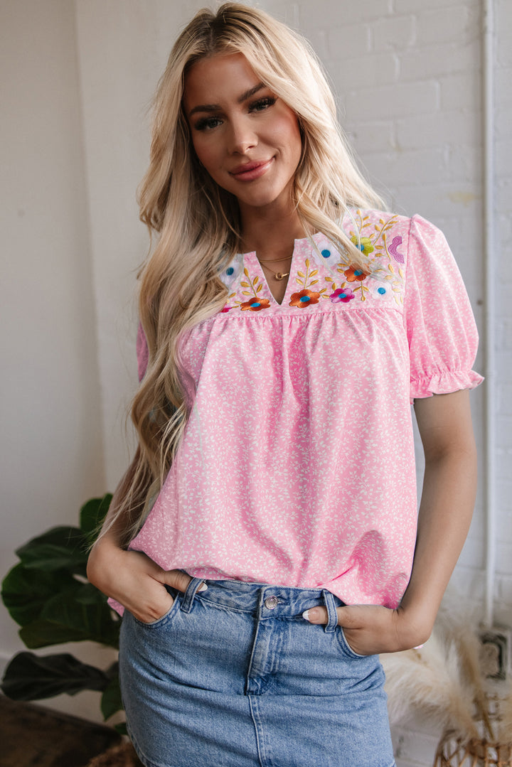 Floral Embroidered Puff Sleeve Notched V Neck Blouse