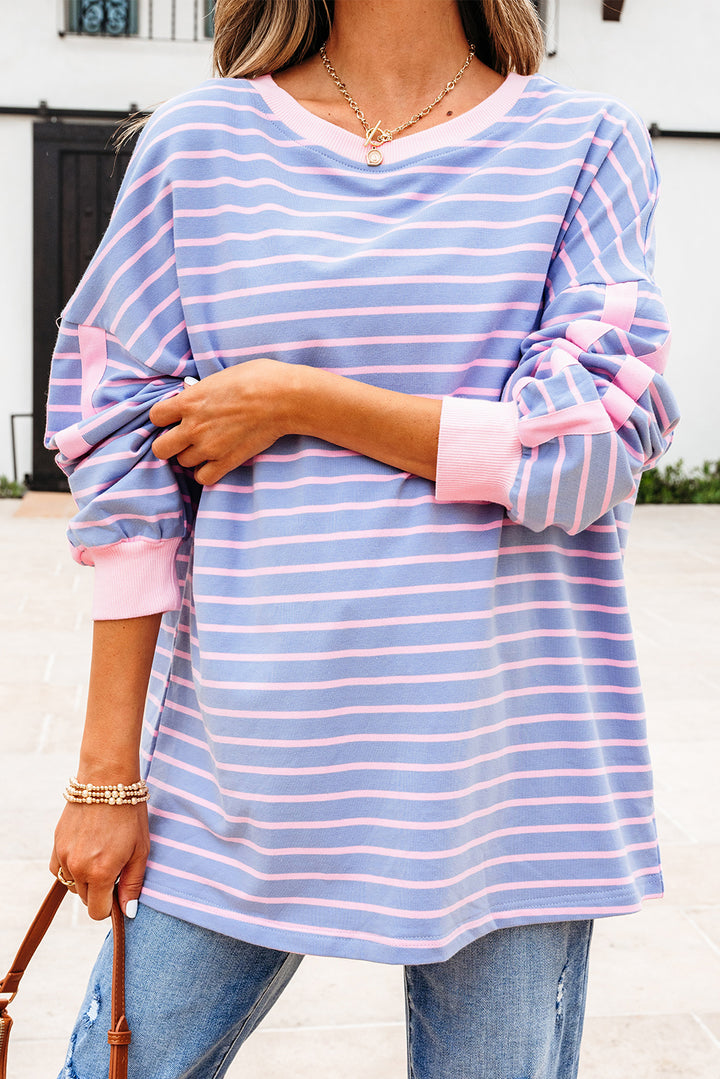 Sky Blue Stripe Oversize Contrast Trim Cotton Casual Top