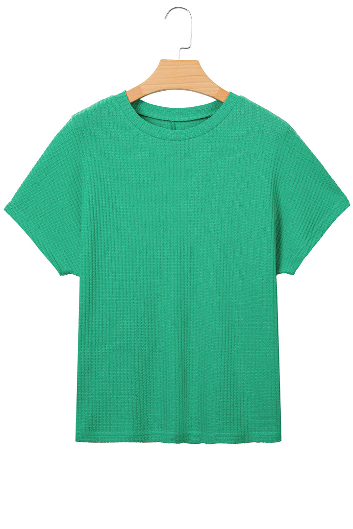 Sea Green Waffle Textured Knit Dolman Short Sleeve Loose Top
