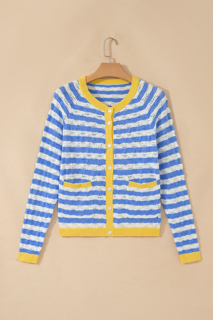 Sky Blue Stripe Button Front Long Sleeve Loose Fit Knit Cardigan
