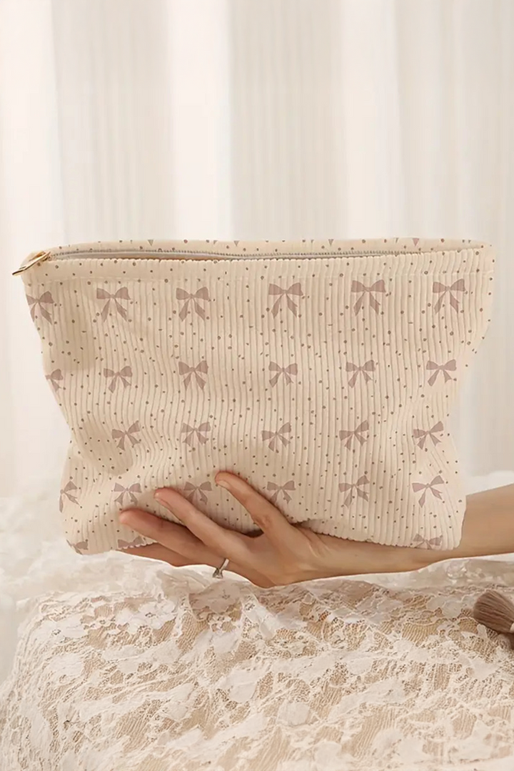 Bow Knot Dot Print Zipper Corduroy Cosmetic Bag