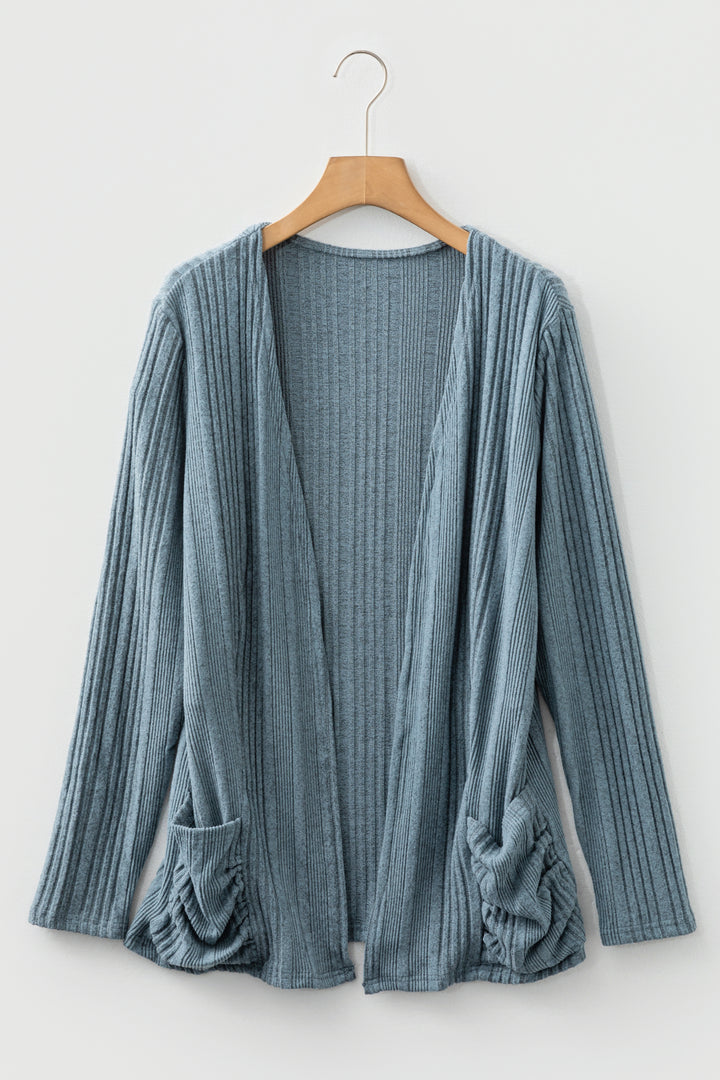 Stone Blue Ribbed Open Front Knitted Top with Pockets