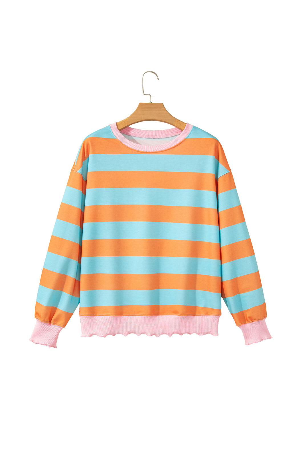 Orange Stripe Ribbed Color Block Trim Round Neck Long Sleeve Shift Top
