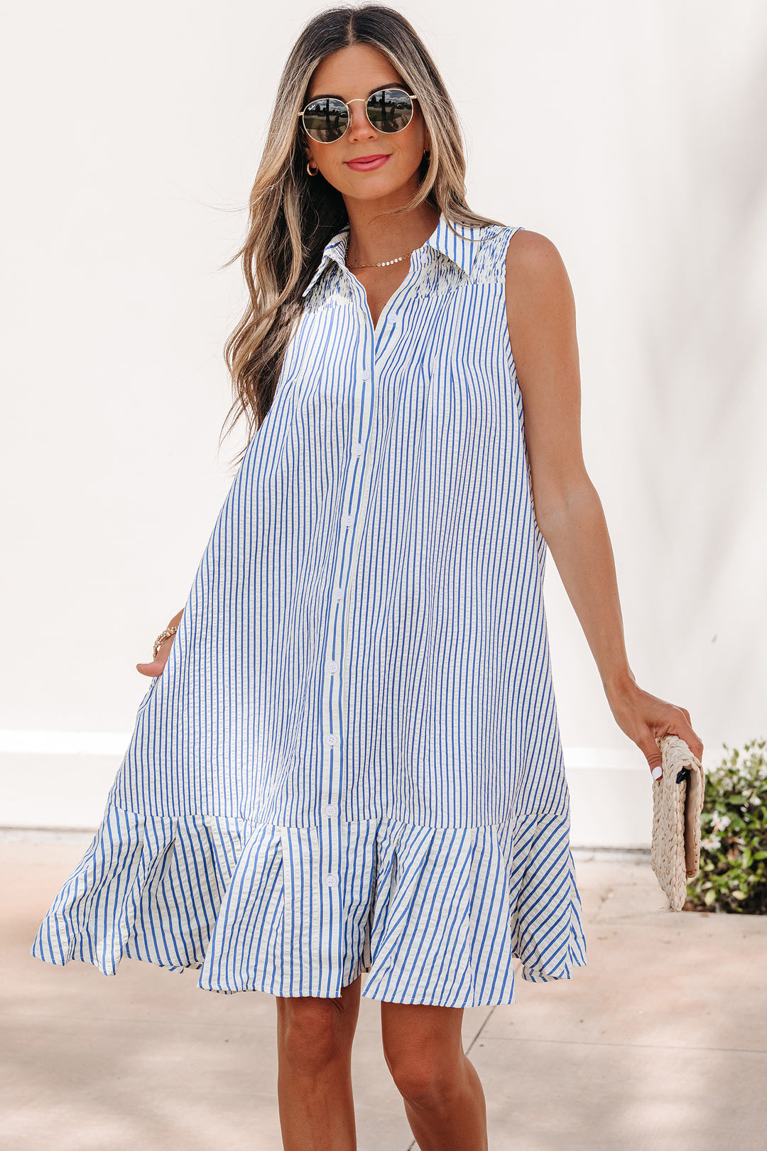 Sky Blue Stripe Shirt Collar Ruffle Hem Sleeveless Dress
