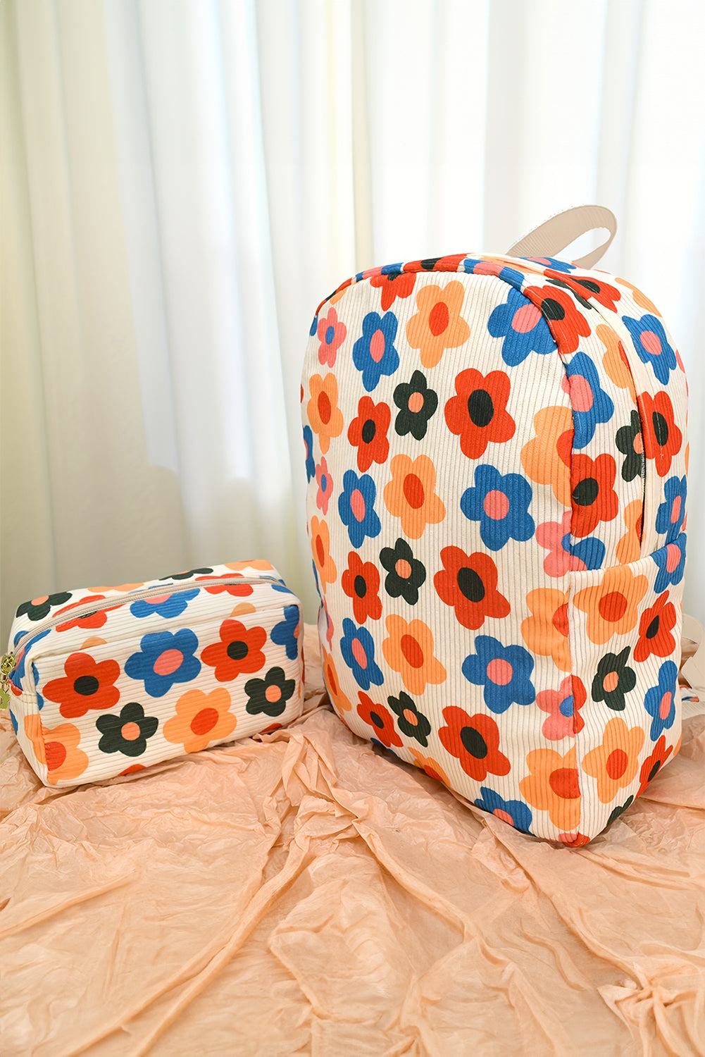 Sac à dos en velours côtelé à imprimé floral avec pochette assortie