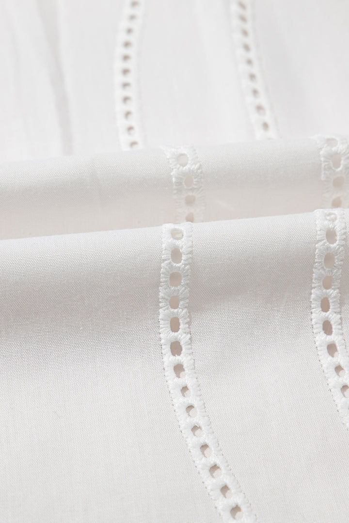 White Eyelet Embroidered Detail Short Puff Sleeve Shirt