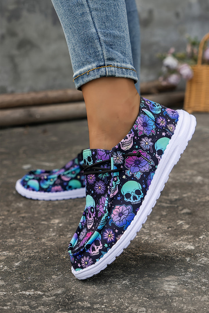 Sugar Skull Print Lace-up Detail Halloween Flat Shoes
