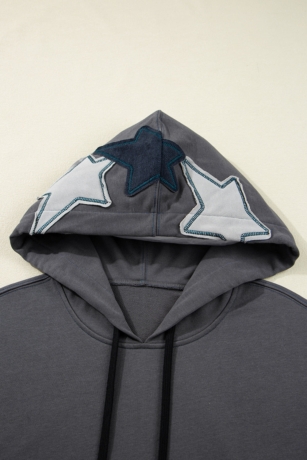 Star Patchwork Contrast Stitching Mineral Wash Kangaroo Pocket Vintage Hoodie