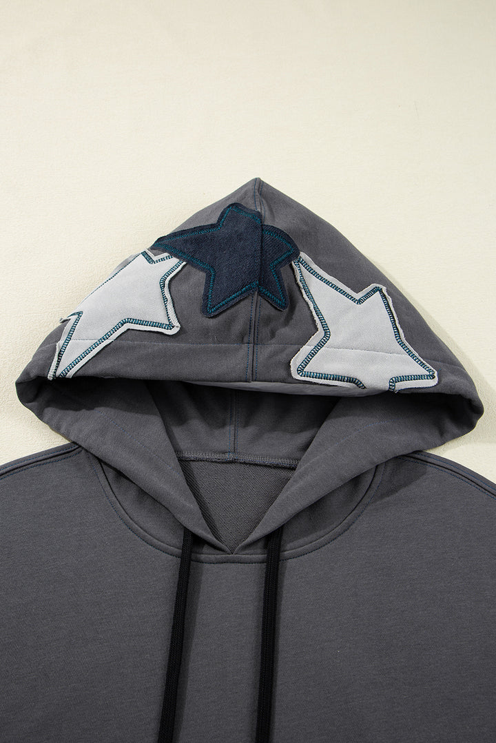Star Patchwork Contrast Stitching Mineral Wash Kangaroo Pocket Vintage Hoodie