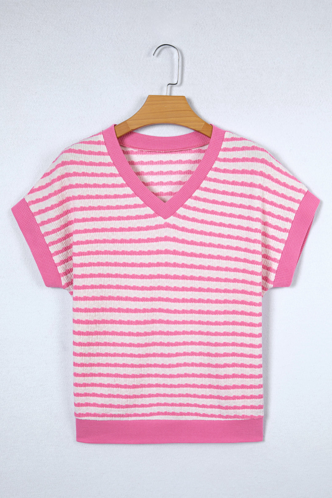 Textured Knit Contrast Trim V Neck Short Sleeve Top