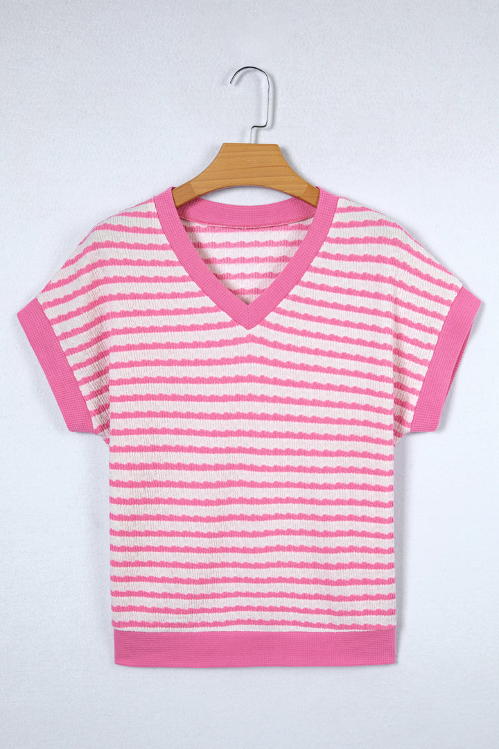 Textured Knit Contrast Trim V Neck Short Sleeve Top