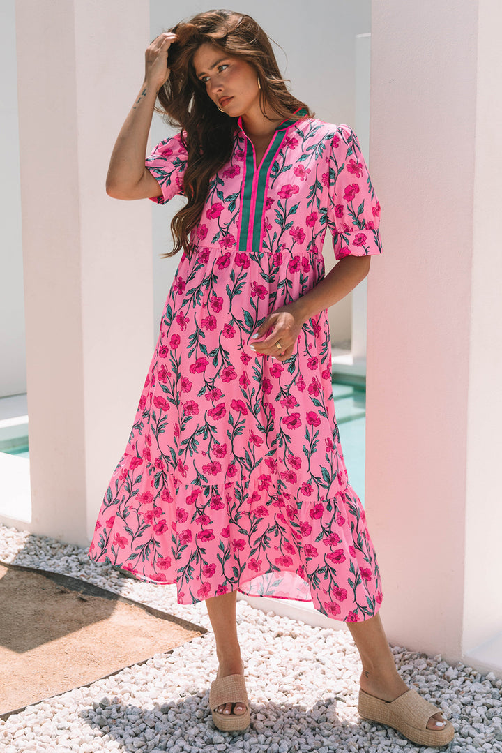 Floral Contrast Neckline A-line Puff Sleeve Long Dress
