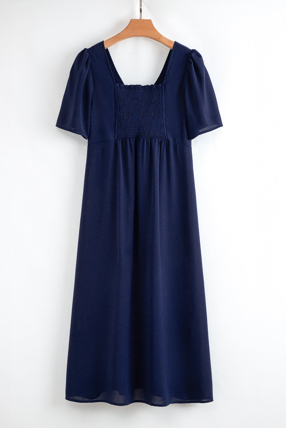 v neck buttoned front shirred back short sleeve midi dress