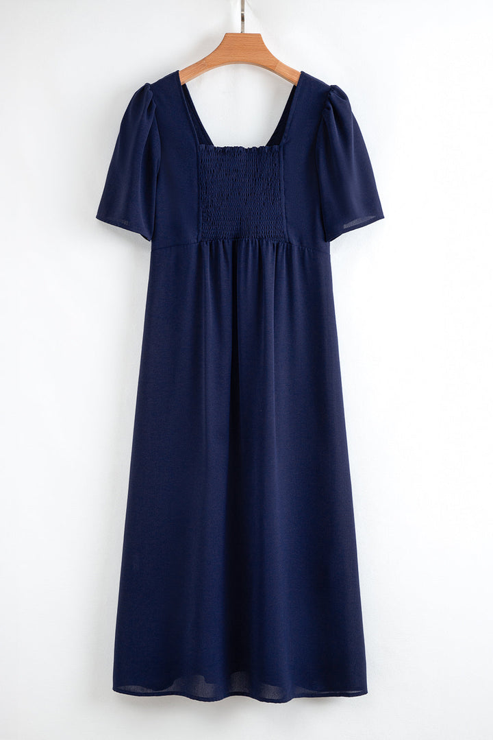 v neck buttoned front shirred back short sleeve midi dress