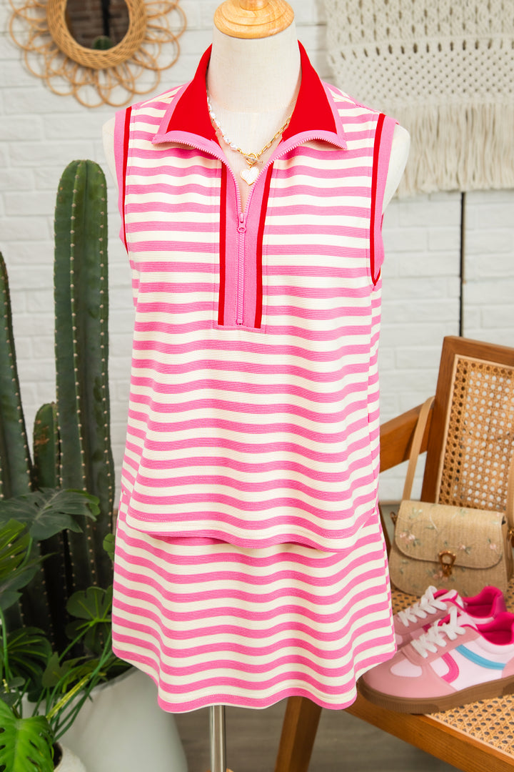 Sachet Pink Textured Stripe Print Zip Collar Sleeveless 2pcs Skort Set
