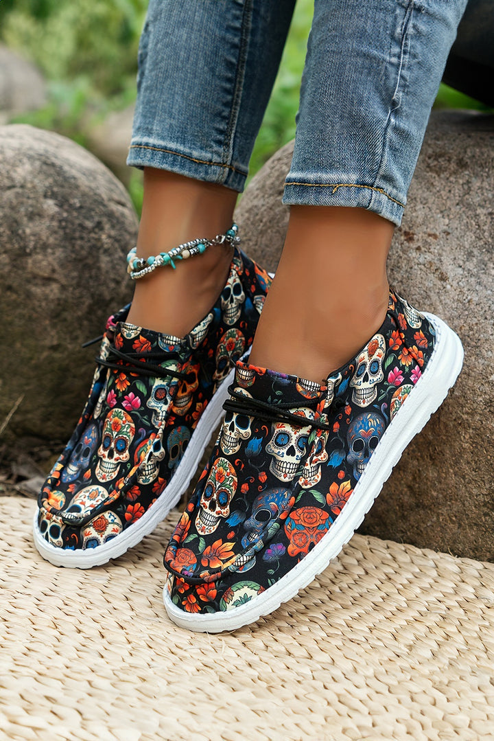 Sugar Skull Print Lace-up Detail Halloween Flat Shoes