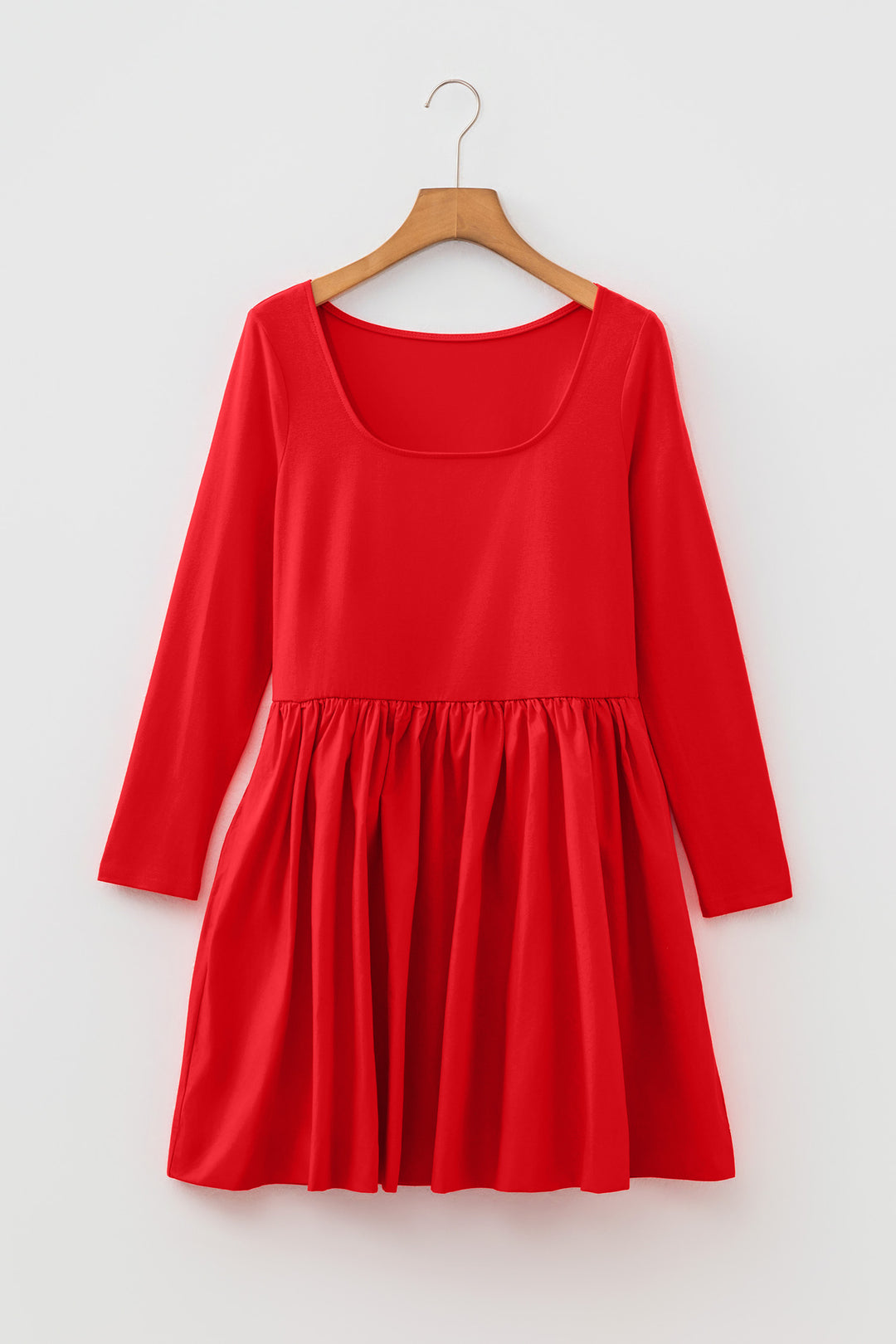 Cute Fiery Red U Neck Long Sleeve Fit and Flare Short Dress