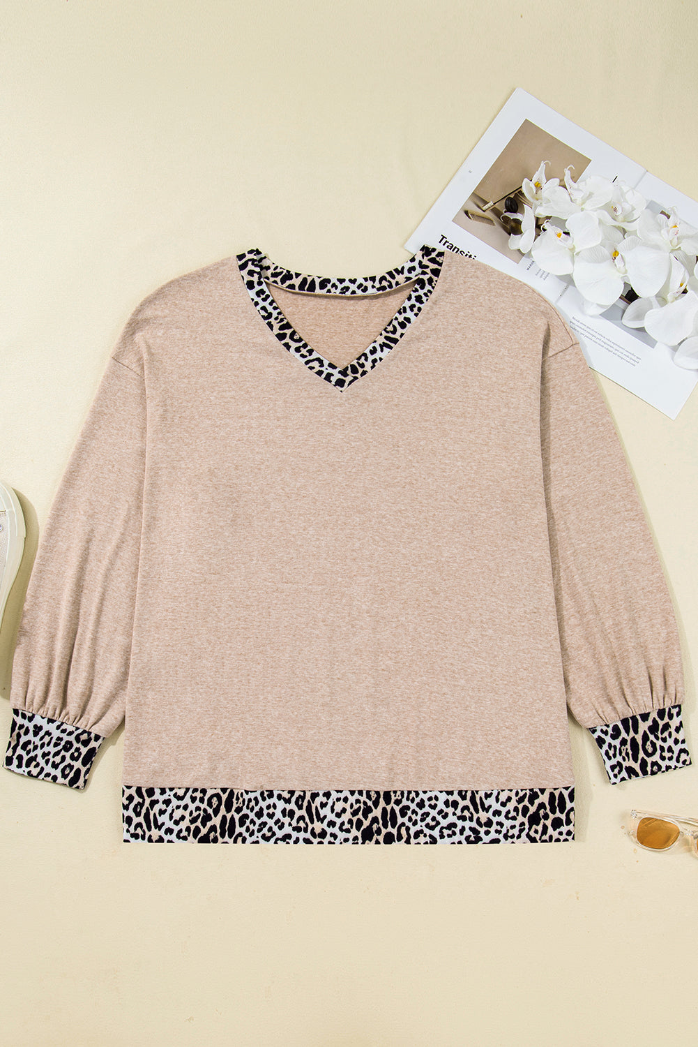 Parchment Leopard Patchwork V Neck Long Sleeve Plus Size Top